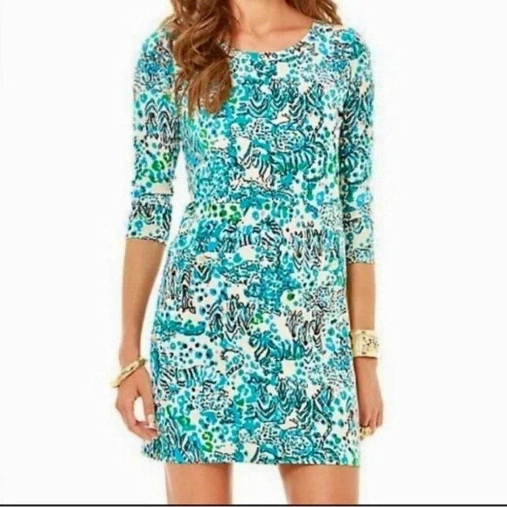 Lilly Pulitzer Green Teal White Corine Pima Cotton Shift Dress Size Medium